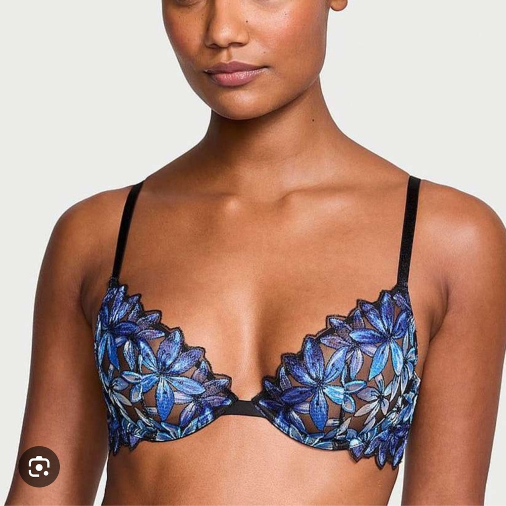 Victoria’s Secret Very Sexy Low Cut Demi Black and Blue Floral Unlined Bra